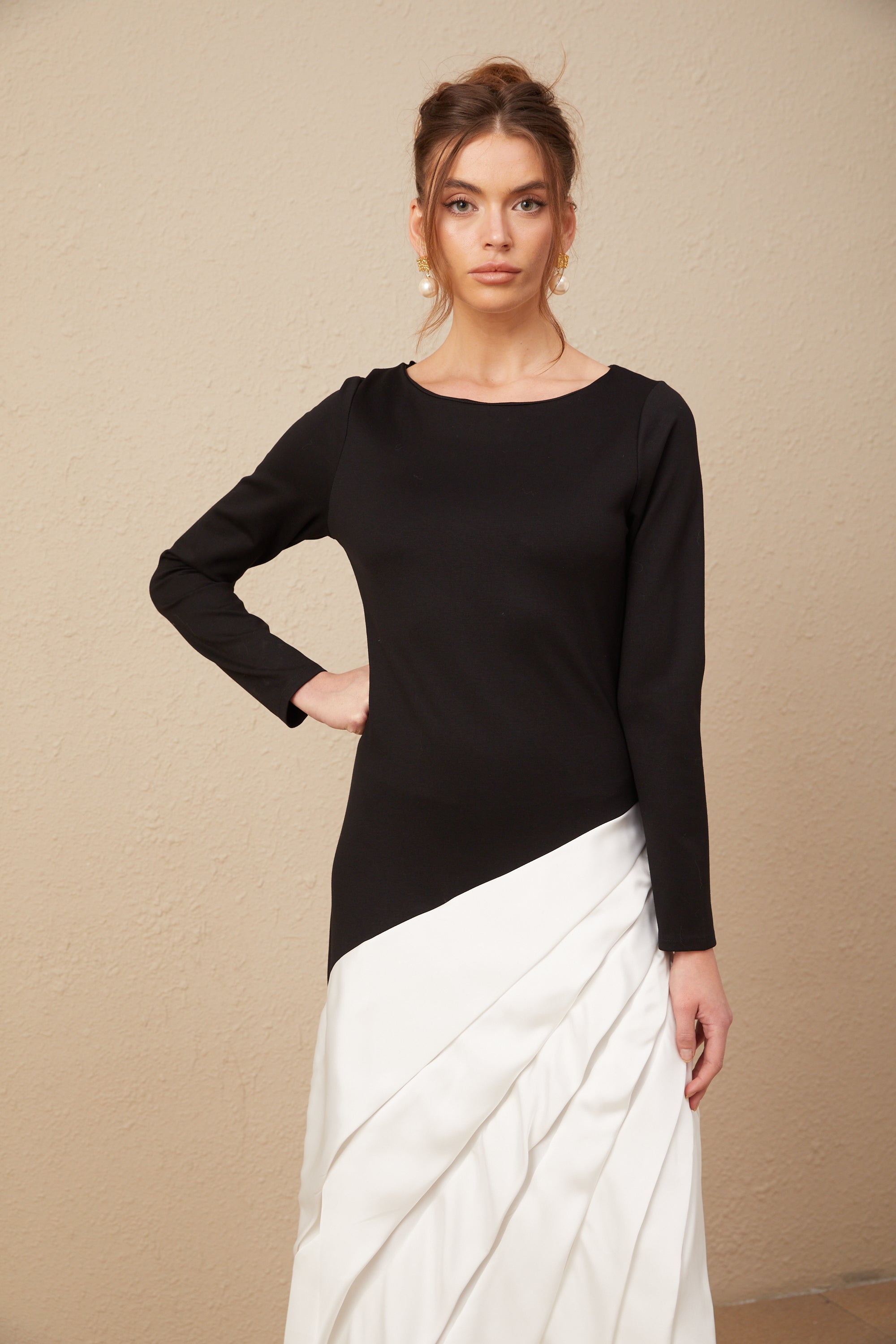 Sofia renk bloklu plise maxi elbise