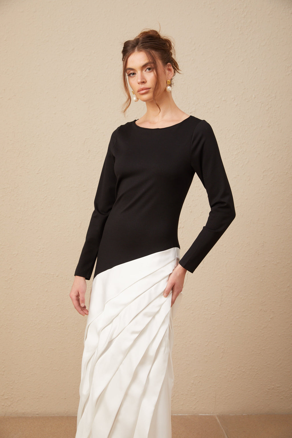 Sofia renk bloklu plise maxi elbise