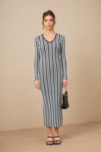 Delphine Dikey Çizgi Desenli Triko Maksi Elbise