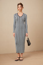 Delphine Dikey Çizgi Desenli Triko Maksi Elbise