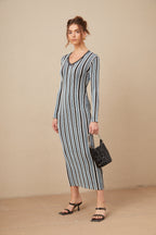 Delphine Dikey Çizgi Desenli Triko Maksi Elbise