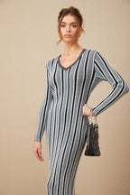 Delphine Dikey Çizgi Desenli Triko Maksi Elbise