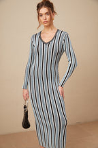 Delphine Dikey Çizgi Desenli Triko Maksi Elbise