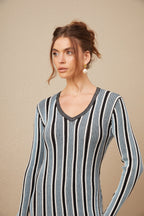 Delphine Dikey Çizgi Desenli Triko Maksi Elbise