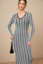 Delphine Dikey Çizgi Desenli Triko Maksi Elbise