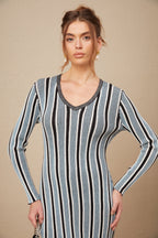 Delphine Dikey Çizgi Desenli Triko Maksi Elbise