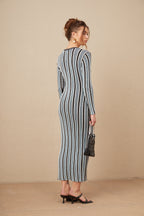 Delphine Dikey Çizgi Desenli Triko Maksi Elbise