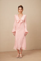 Sarah Pembe Kendinden Bağlamalı Şişkin Etek Uçlu Midi Elbise