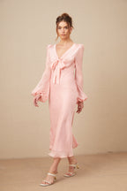 Sarah Pembe Kendinden Bağlamalı Şişkin Etek Uçlu Midi Elbise