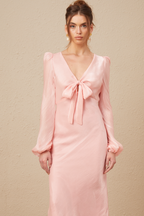 Sarah Pembe Kendinden Bağlamalı Şişkin Etek Uçlu Midi Elbise