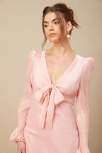 Sarah Pembe Kendinden Bağlamalı Şişkin Etek Uçlu Midi Elbise