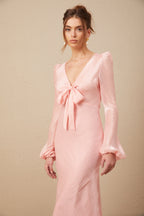 Sarah Pembe Kendinden Bağlamalı Şişkin Etek Uçlu Midi Elbise