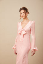 Sarah Pembe Kendinden Bağlamalı Şişkin Etek Uçlu Midi Elbise