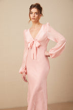 Sarah Pembe Kendinden Bağlamalı Şişkin Etek Uçlu Midi Elbise