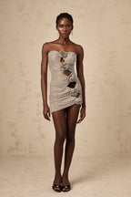 Pénélope taşlı süslemeli kesik mini elbise