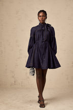 Mirabel koyu mavi kontrast dikişli denim mini elbise