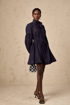 Mirabel koyu mavi kontrast dikişli denim mini elbise