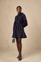 Mirabel koyu mavi kontrast dikişli denim mini elbise