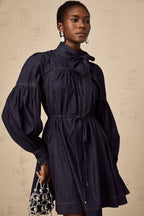 Mirabel koyu mavi kontrast dikişli denim mini elbise