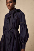 Mirabel koyu mavi kontrast dikişli denim mini elbise