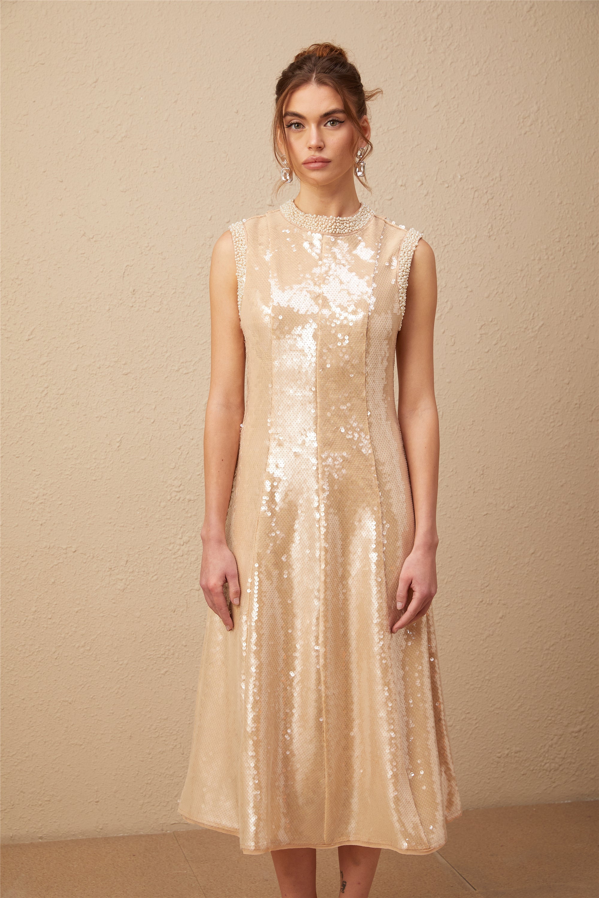 Ornella sahte inci payetli midi elbise