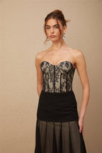 Pétunia siyah dantel volanlı maxi elbise