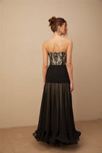 Pétunia siyah dantel volanlı maxi elbise