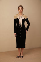 Noémie siyah bağcıklı yaka panelli midi elbise