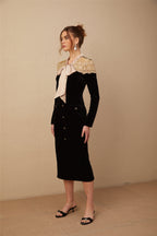 Noémie siyah bağcıklı yaka panelli midi elbise