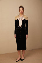 Noémie siyah bağcıklı yaka panelli midi elbise