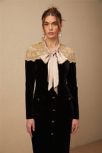 Noémie siyah bağcıklı yaka panelli midi elbise