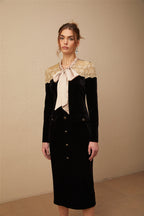 Noémie siyah bağcıklı yaka panelli midi elbise