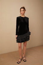 Lucrezia siyah puantiyeli baskılı kadife panelli fırfırlı mini elbise