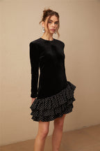 Lucrezia siyah puantiyeli baskılı kadife panelli fırfırlı mini elbise