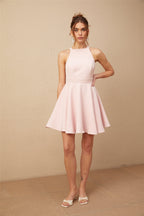 Marlene pembe halter yaka pileli mini elbise