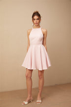 Marlene pembe halter yaka pileli mini elbise