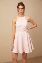 Marlene pembe halter yaka pileli mini elbise