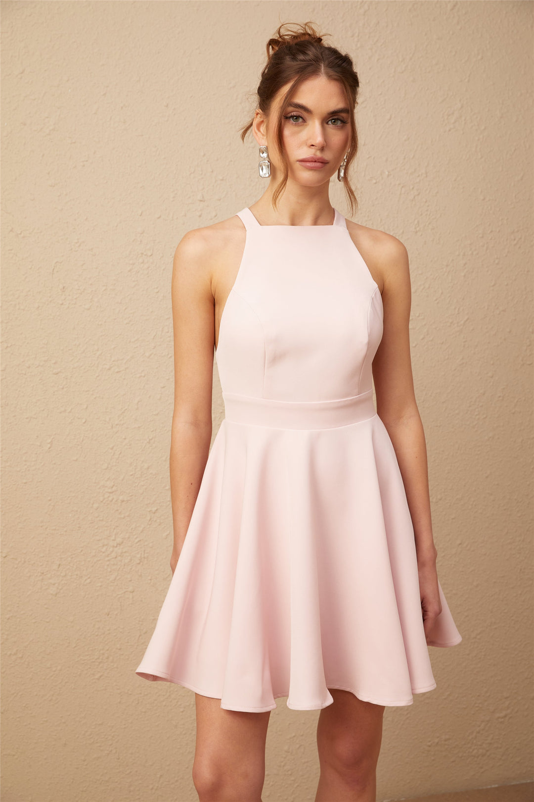 Marlene pembe halter yaka pileli mini elbise