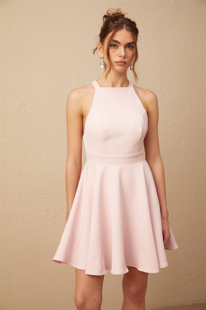 Marlene pembe halter yaka pileli mini elbise