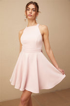 Marlene pembe halter yaka pileli mini elbise