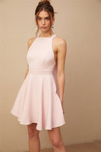 Marlene pembe halter yaka pileli mini elbise