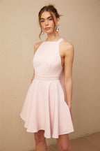 Marlene pembe halter yaka pileli mini elbise