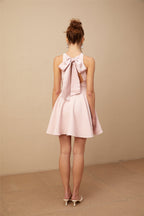 Marlene pembe halter yaka pileli mini elbise