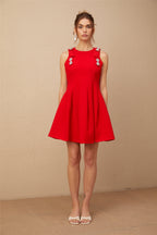 Louisa kırmızı fiyonklu kolsuz pileli mini elbise