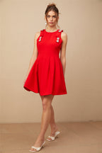 Louisa kırmızı fiyonklu kolsuz pileli mini elbise