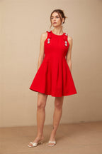 Louisa kırmızı fiyonklu kolsuz pileli mini elbise