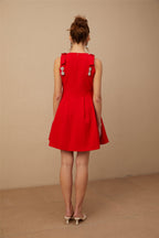 Louisa kırmızı fiyonklu kolsuz pileli mini elbise