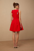 Louisa kırmızı fiyonklu kolsuz pileli mini elbise