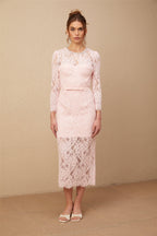 Elisabetta Pembe Süslemeli Çiçek Nakışlı Dantel Midi Elbise