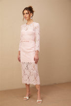 Elisabetta Pembe Süslemeli Çiçek Nakışlı Dantel Midi Elbise